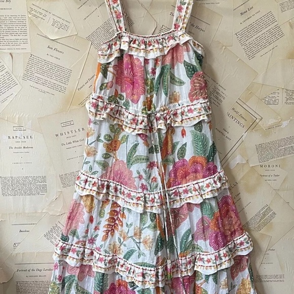 Anthropologie Farm Rio Square Neck Tiered Ruffle Dress Floral Birds - Picture 5 of 6
